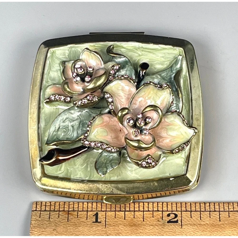 Argento SC Swarovski Crystal Floral Compact Mirror & Lipstick Case Enamel Set